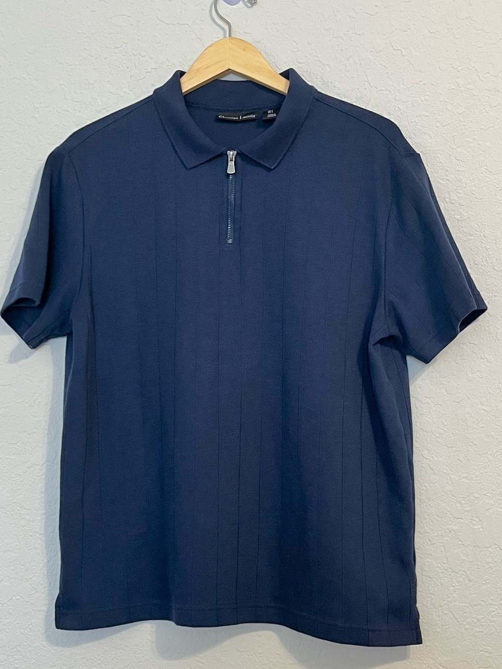 Christian Lacroix Men’s L Navy Textured Quarter Zip Polo Shirt Business Casual